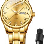 OLEVS Gold Watches for Women Luxury Wrist Watches Day and Date Waterproof Stainless Steel Quartz Analog Lightweight Ladies Watches Adjustable Bracelet Simple Dress Wristwatch Gold Black White Dial